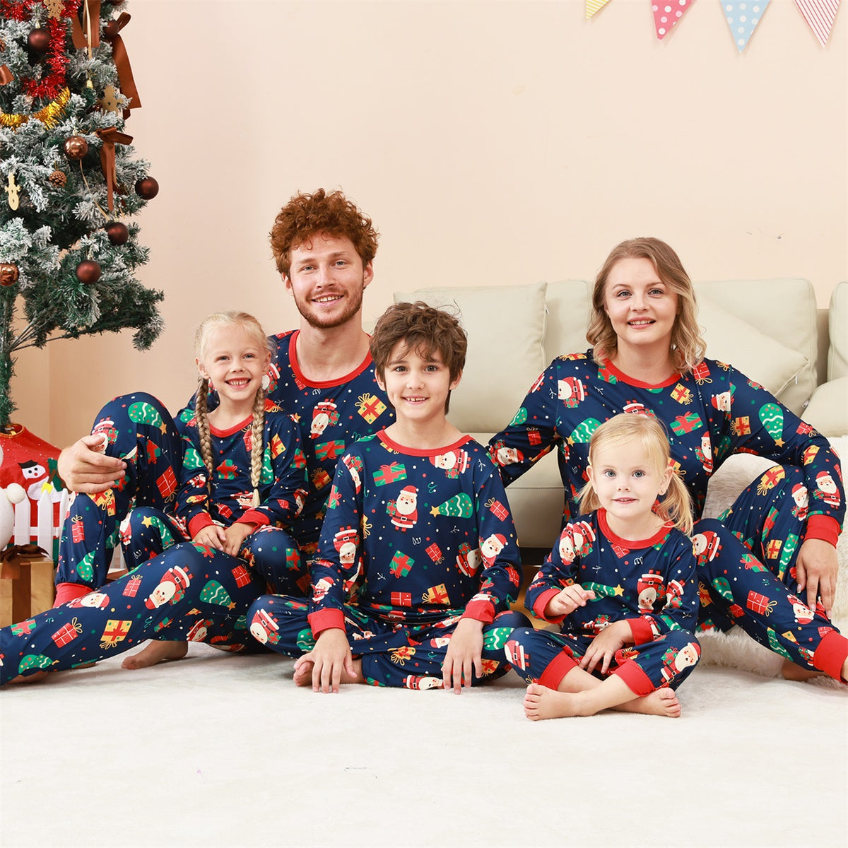 Christmas Eve Pajamas Navy Santa Gift Print Pattern Matching Christmas Pajamas CHP-73