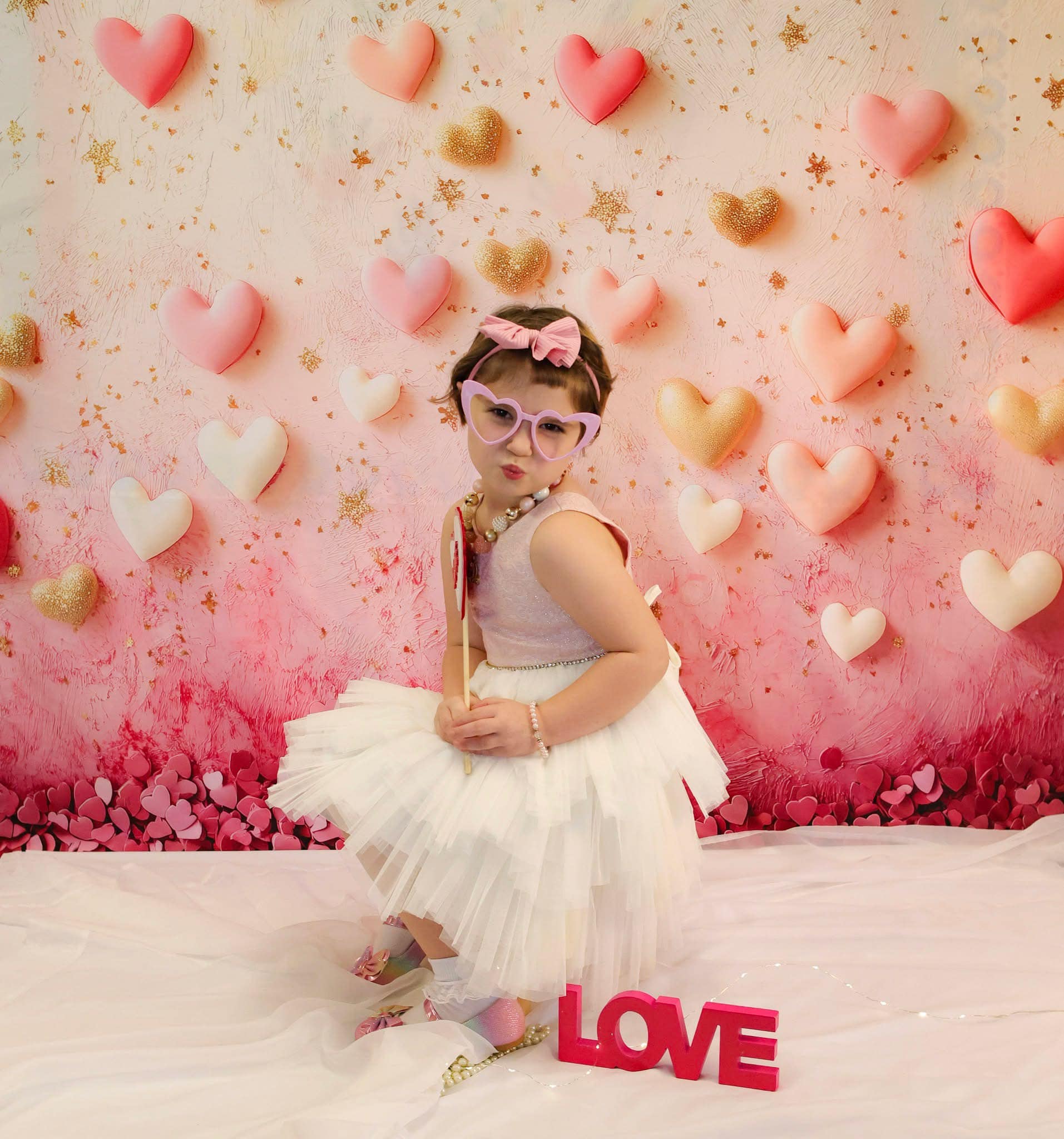 Valentine's Day Backdrop Pink Gold Floating Hearts Valentine Backdrop Ideas MRR9-78