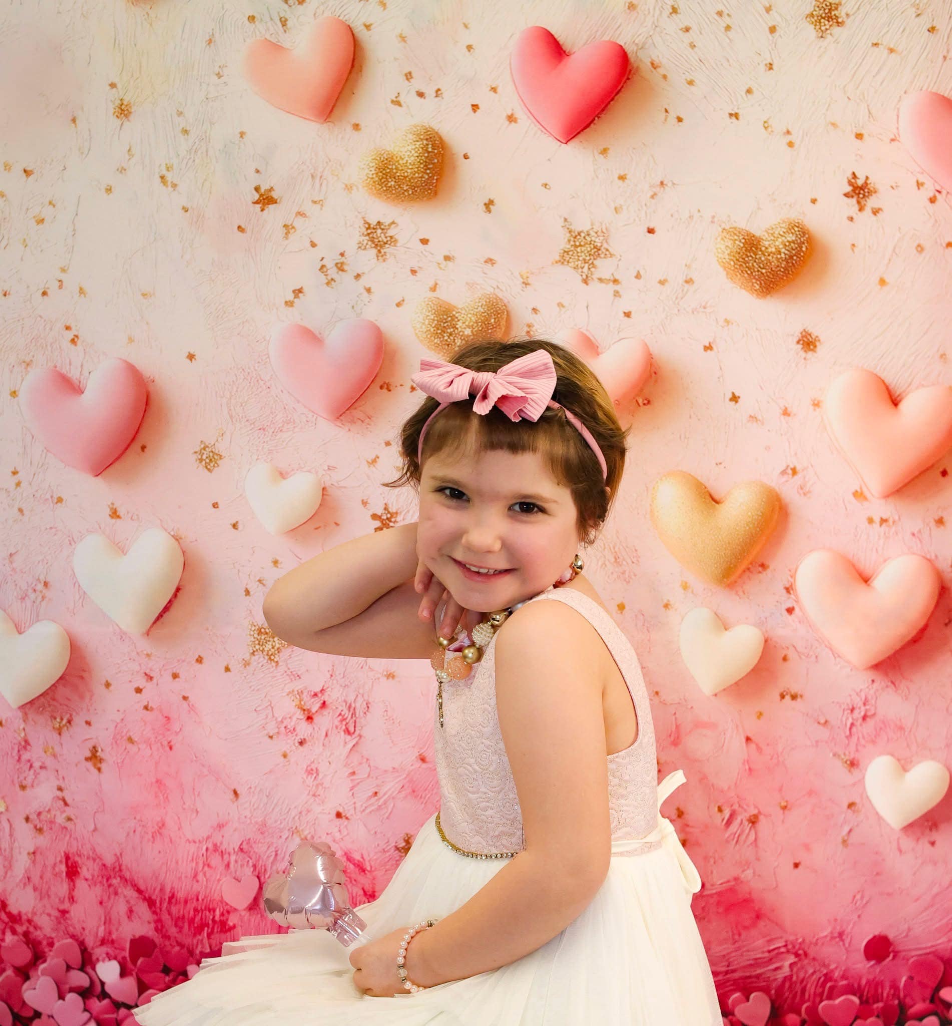 Valentine's Day Backdrop Pink Gold Floating Hearts Valentine Backdrop Ideas MRR9-78