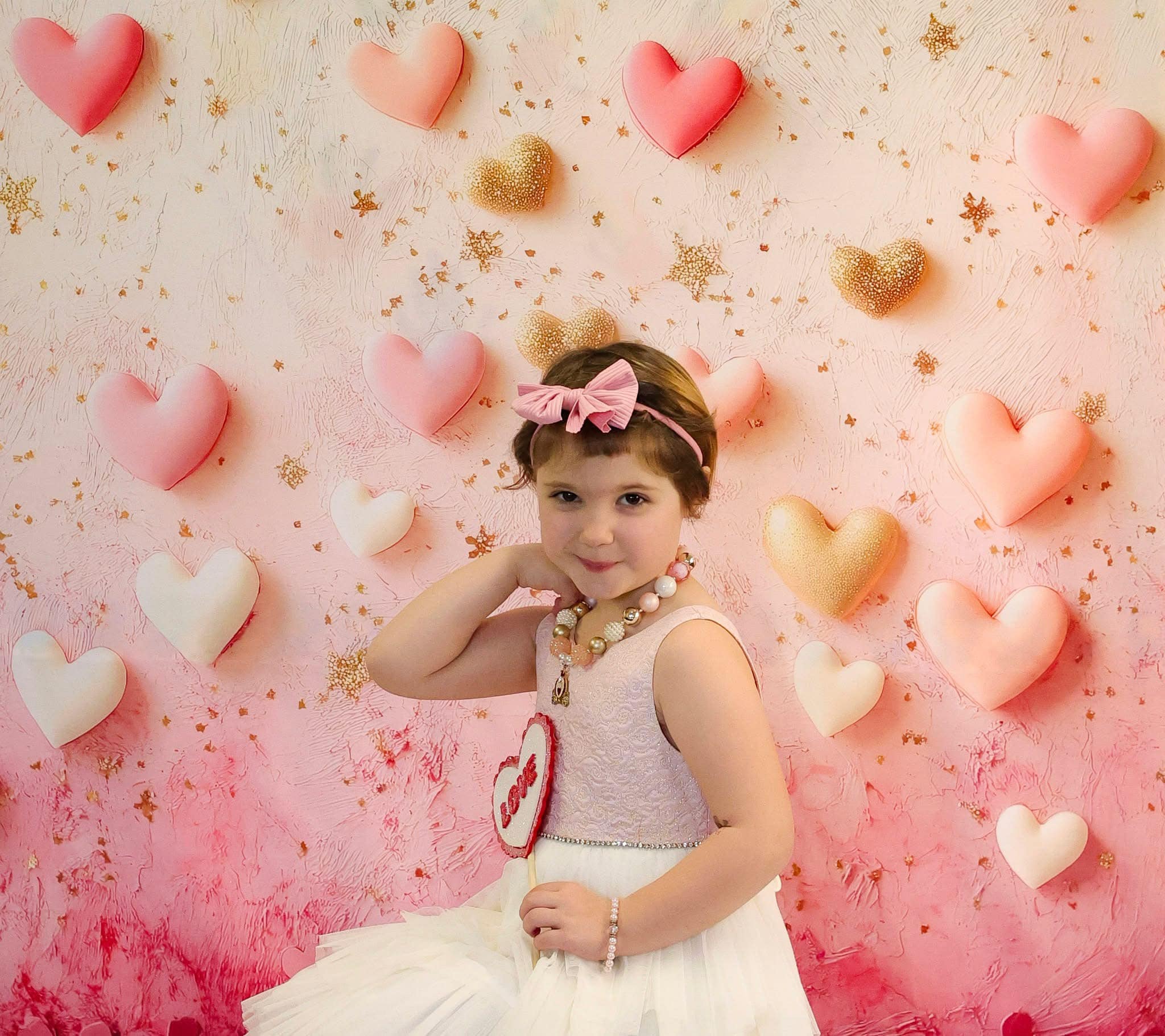 Valentine's Day Backdrop Pink Gold Floating Hearts Valentine Backdrop Ideas MRR9-78