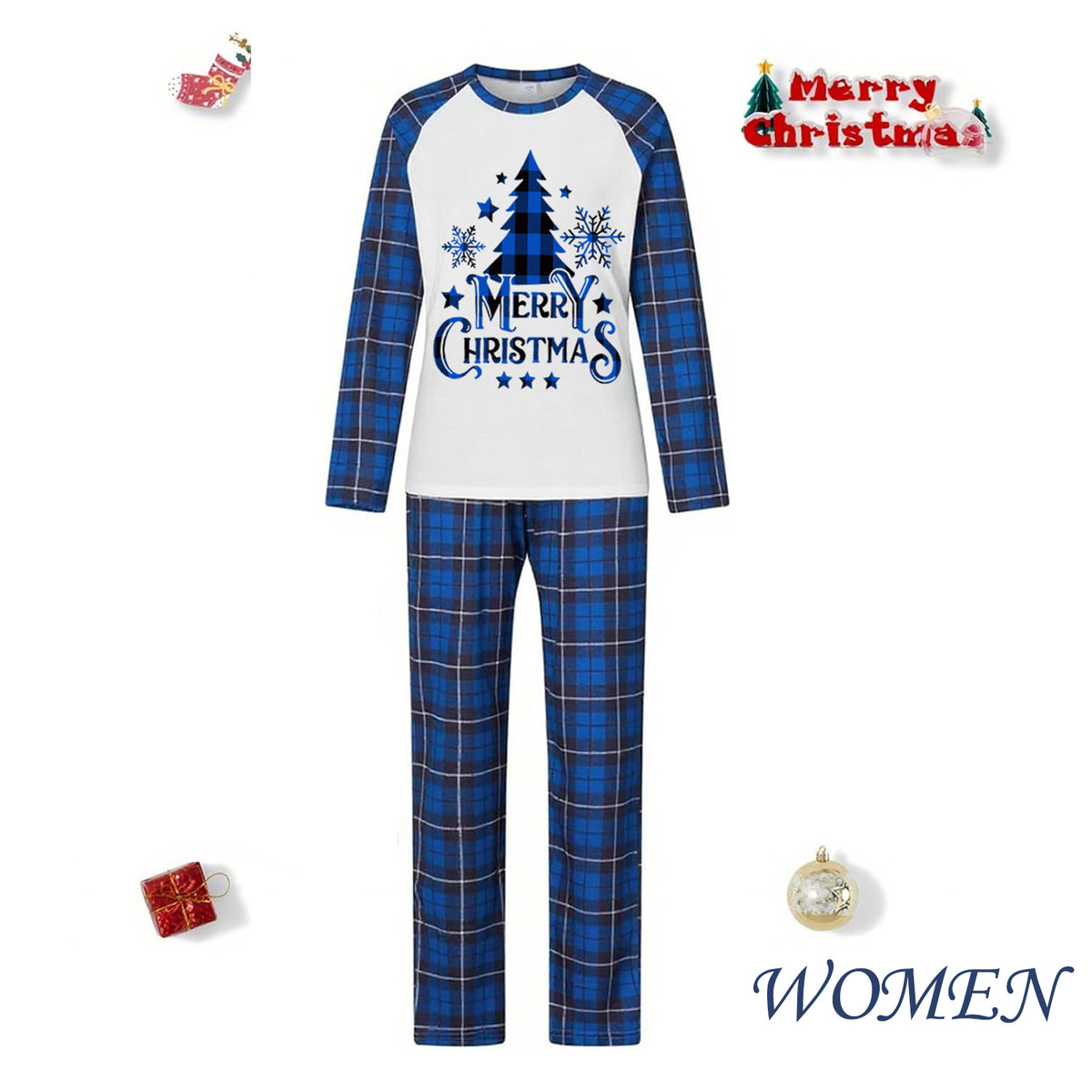 Matching Christmas Pajamas for Photos Blue Plaid Tree Print Christmas Long Sleeve Pajamas CHP-100
