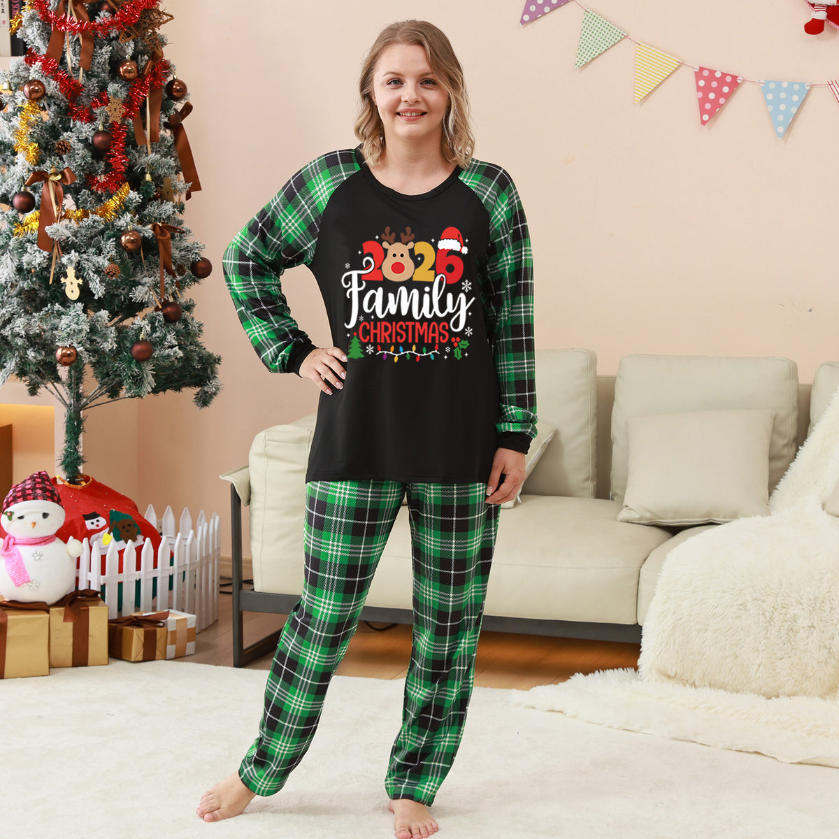 Christmas Long Sleeve Pajamas Print Green Plaid Reindeer Christmas Pajamas CHP-14