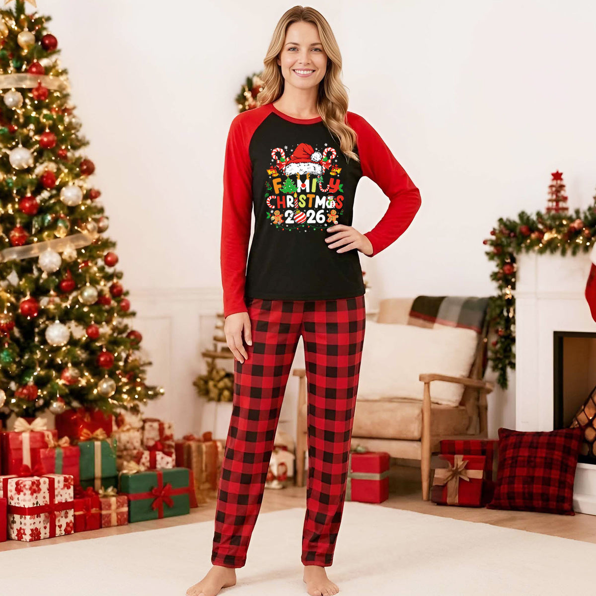 Candy Cane Christmas Pajamas Santa Hat Festive Graphic Christmas Lounge Set CHP-50