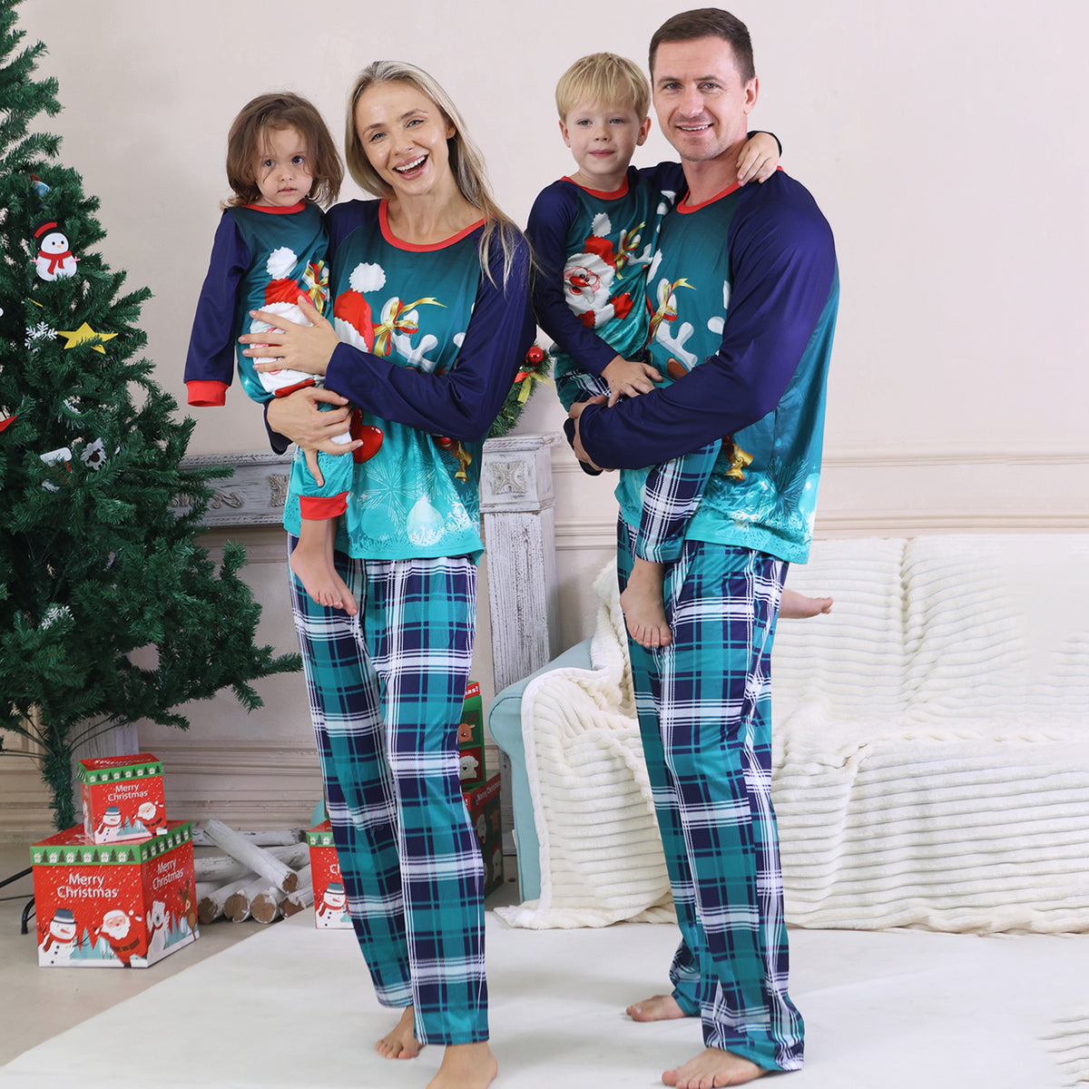 Holiday Matching Pajamas Santa Hat Reindeer Teal Plaid Print Christmas Family Photo Outfits CHP-97