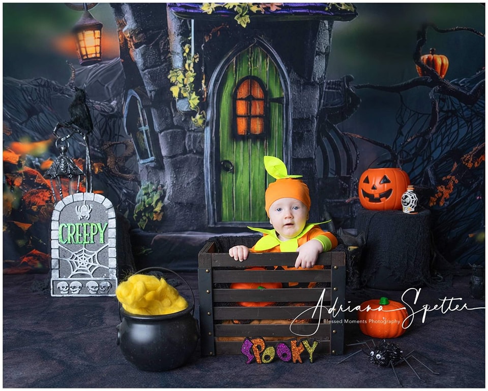 Spooky Halloween Backdrop Haunted House Green Door Lights Halloween Backdrop MRR9-131