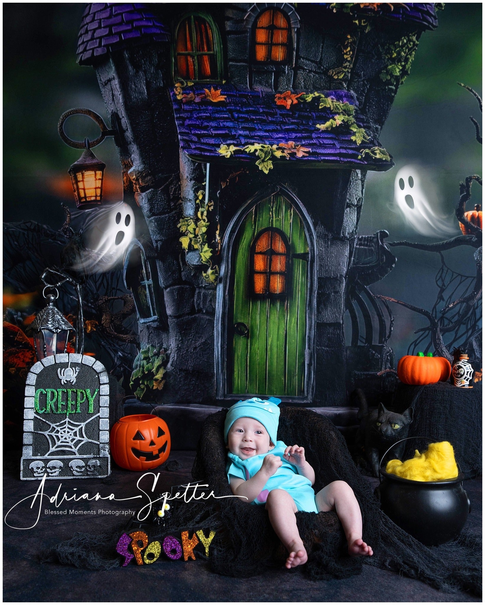 Spooky Halloween Backdrop Haunted House Green Door Lights Halloween Backdrop MRR9-131