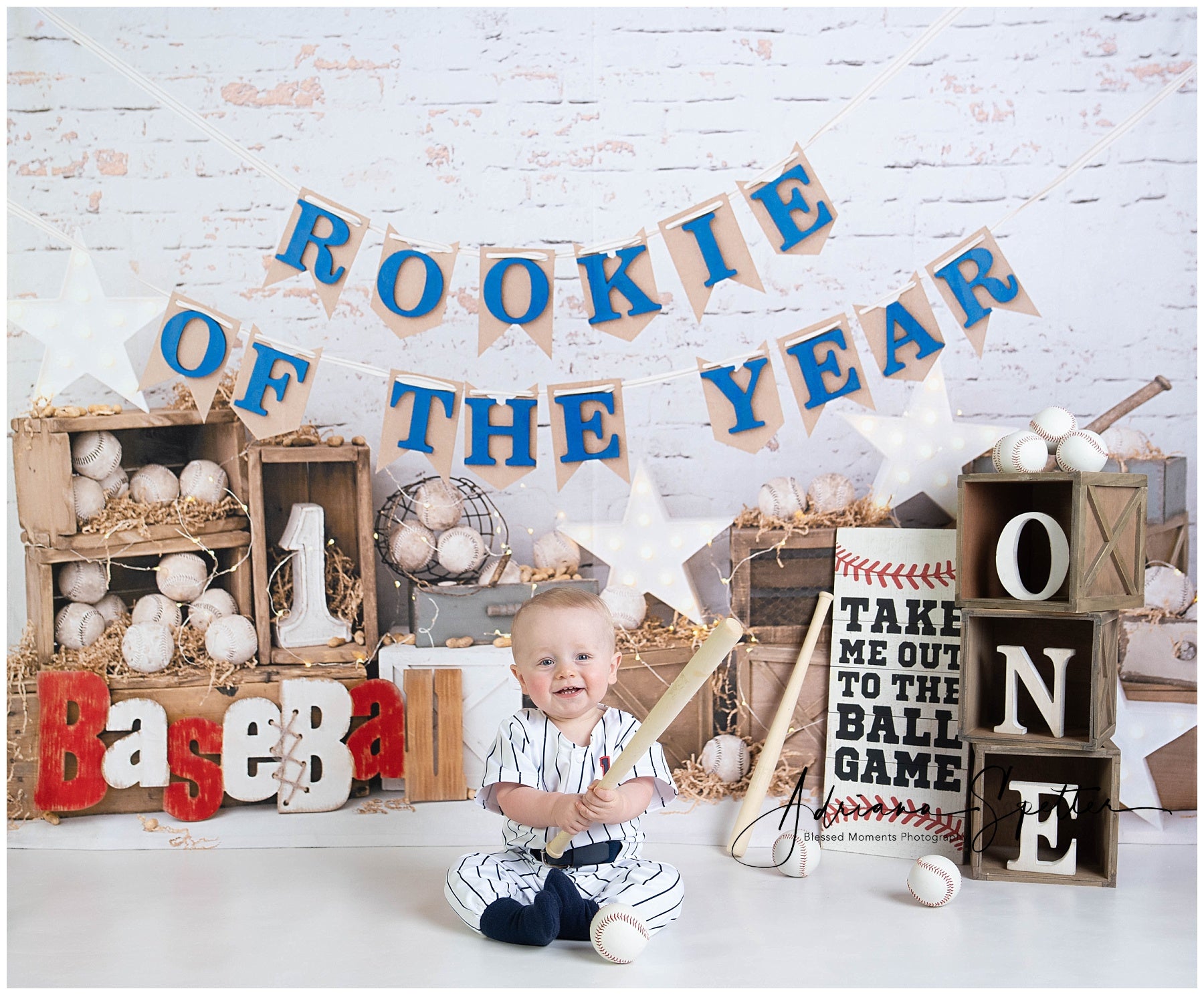 1st Birthday Backdrop Baseball Rookie Celebration Cake Smash Backdrop MRR9-117