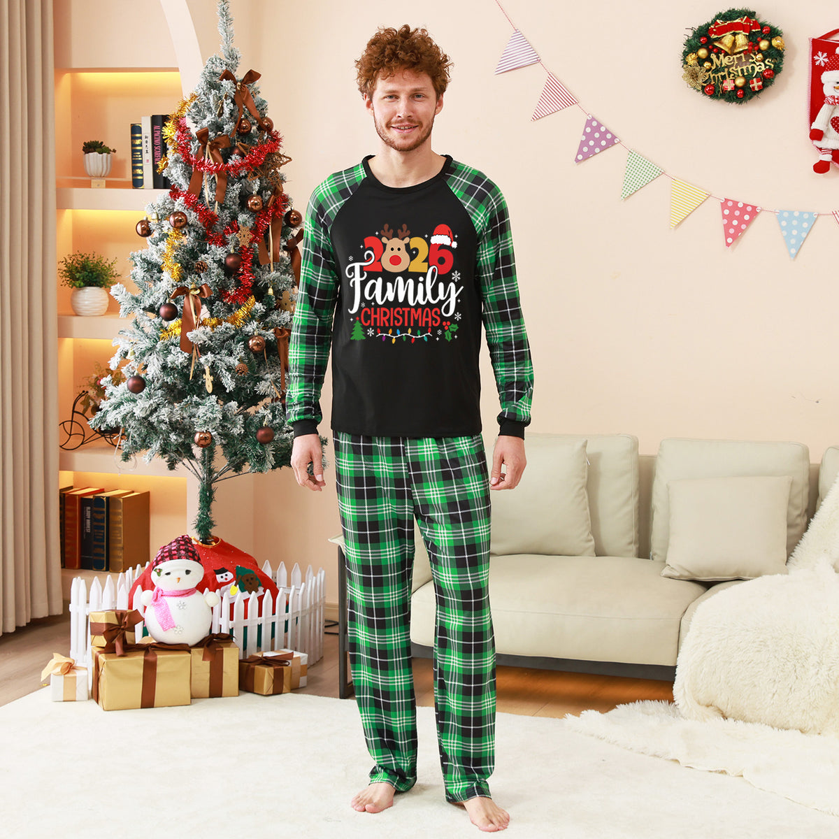 Christmas Long Sleeve Pajamas Print Green Plaid Reindeer Christmas Pajamas CHP-14