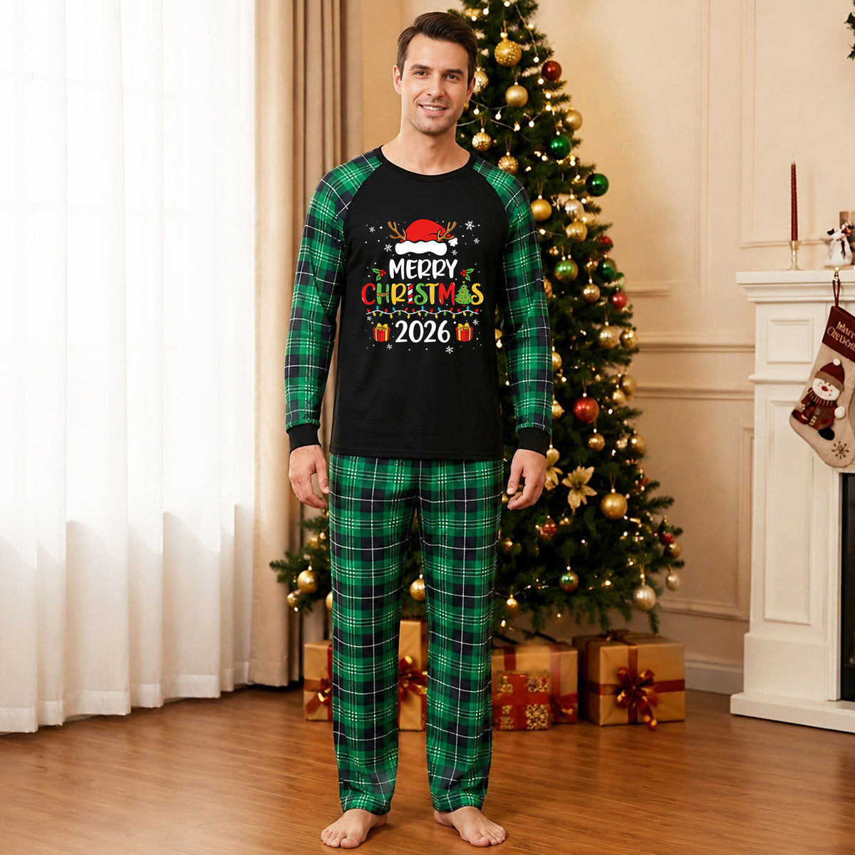 Vintage Christmas Pajamas Merry Christmas Santa Print Matching Holiday Pajamas CHP-17