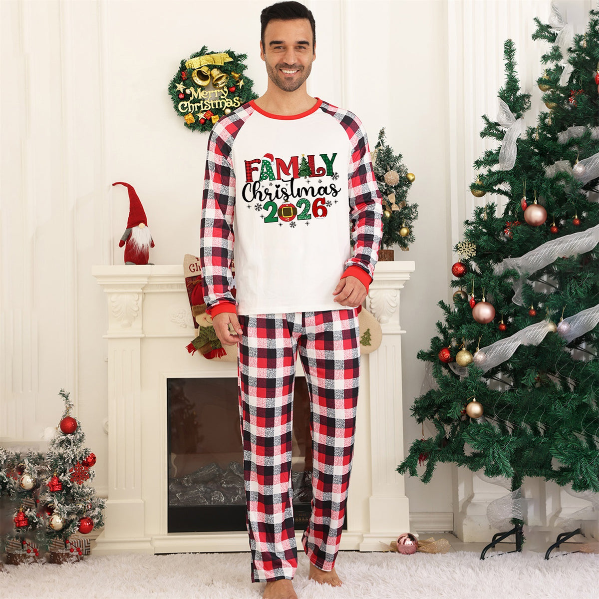 Christmas Party Pajamas Red Plaid Festive Typography Matching Family Christmas Pajamas CHP-74
