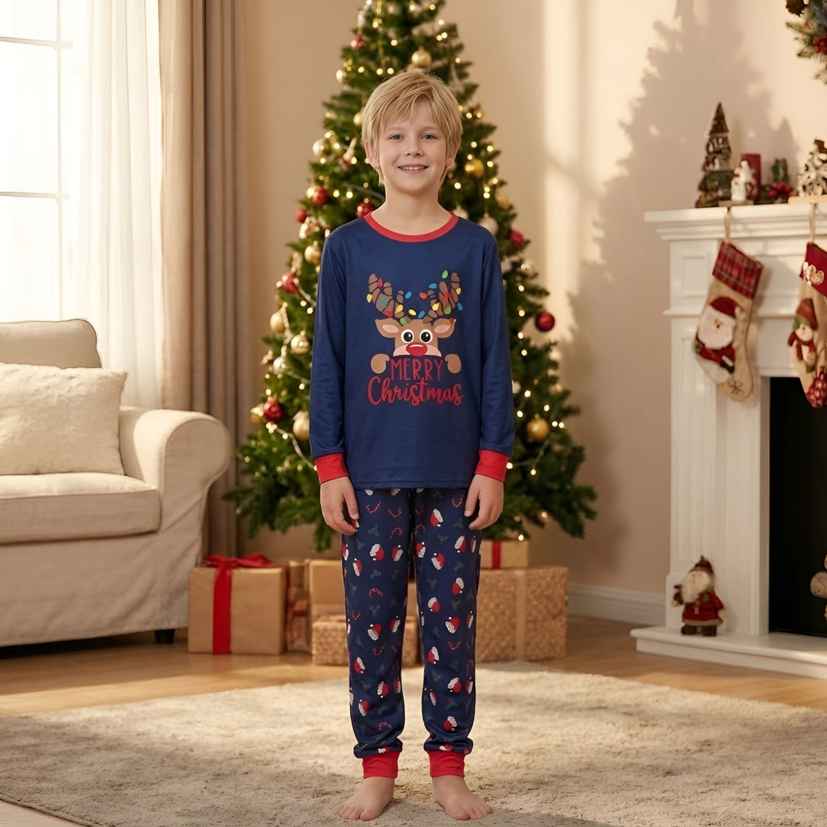 Matching Christmas Pajamas for Photos Merry Reindeer Santa Print Family Christmas Pajamas CHP-105