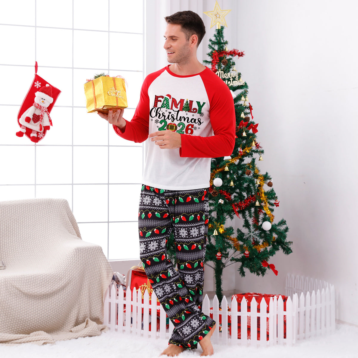 Christmas Pajamas Red Sleeve Family Christmas 2026 Plaid Letter Print Matching Family Photoshoot Sleepwear CHP-125