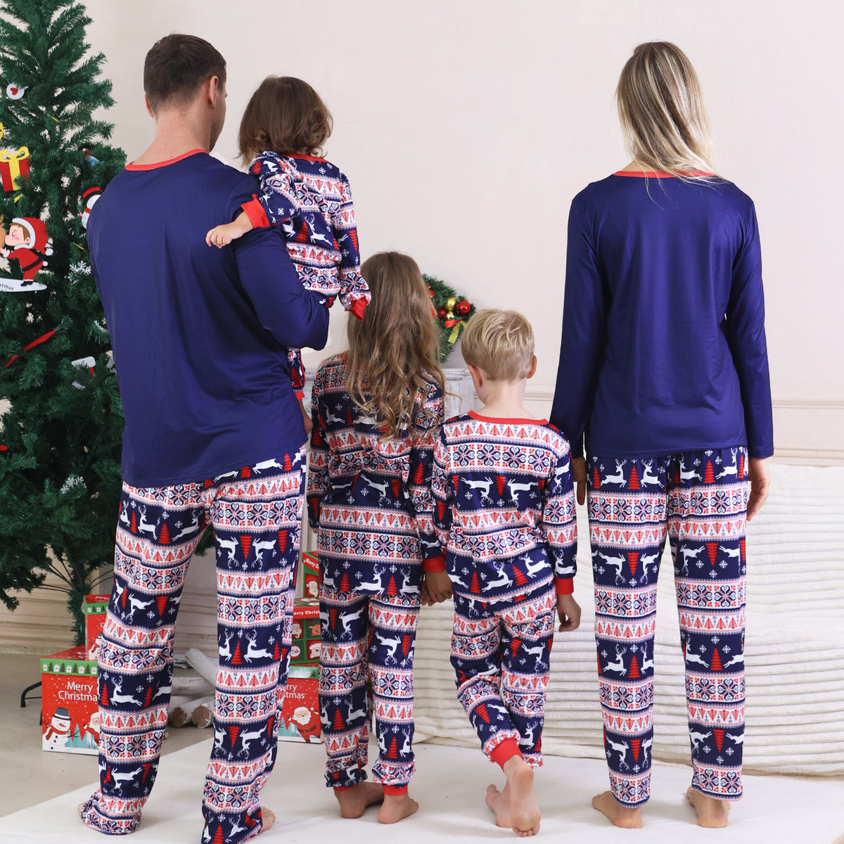 Dad and Kids Christmas Pajamas Navy Reindeer Fair Isle Pattern Matching Christmas PJs CHP-99