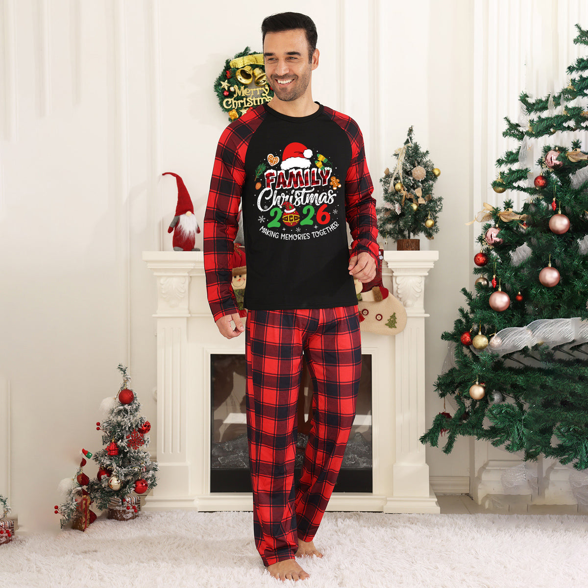 Christmas Plaid Pajamas Santa Hat Festive Typography Matching Christmas Pajamas CHP-43