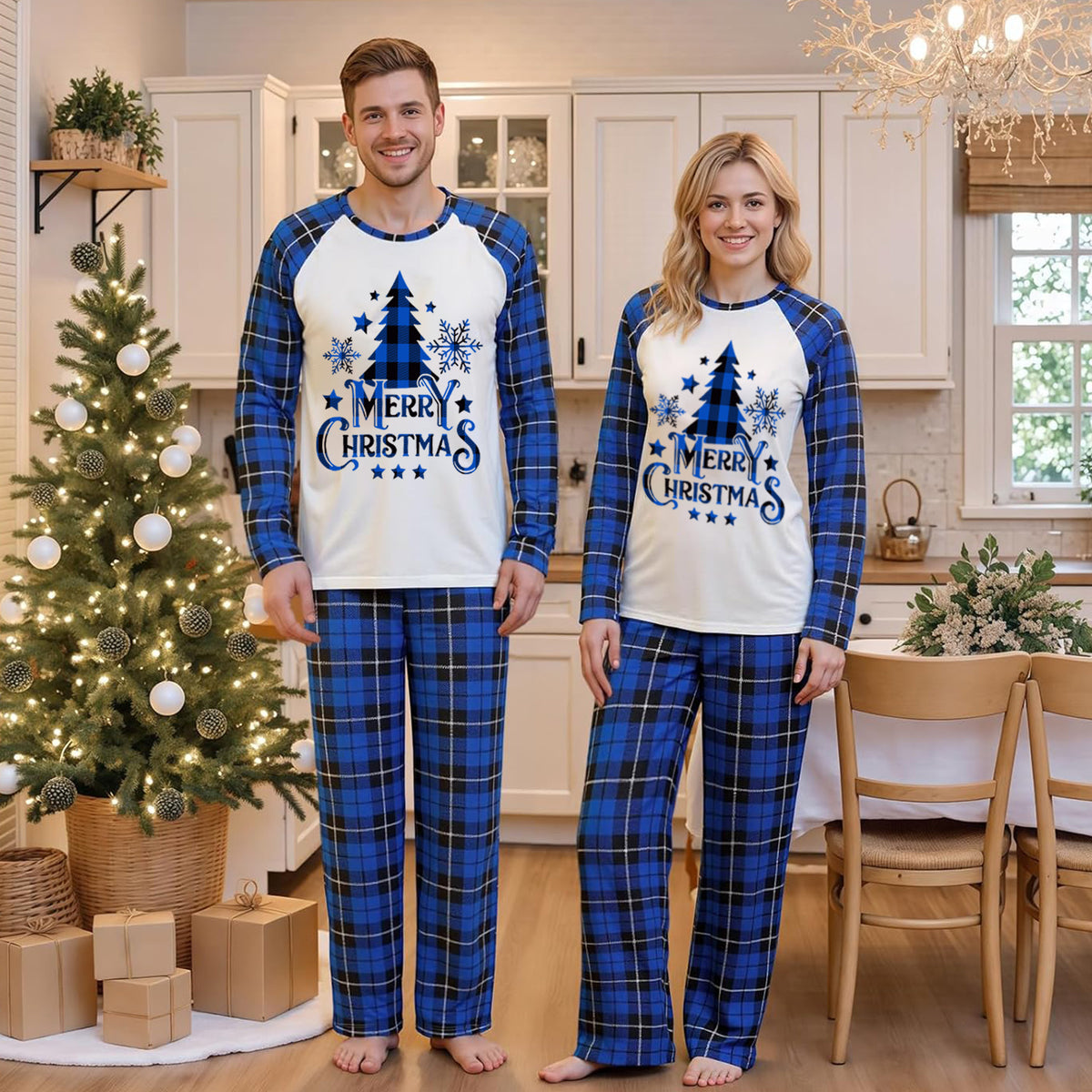 Matching Christmas Pajamas for Photos Blue Plaid Tree Print Christmas Long Sleeve Pajamas CHP-100