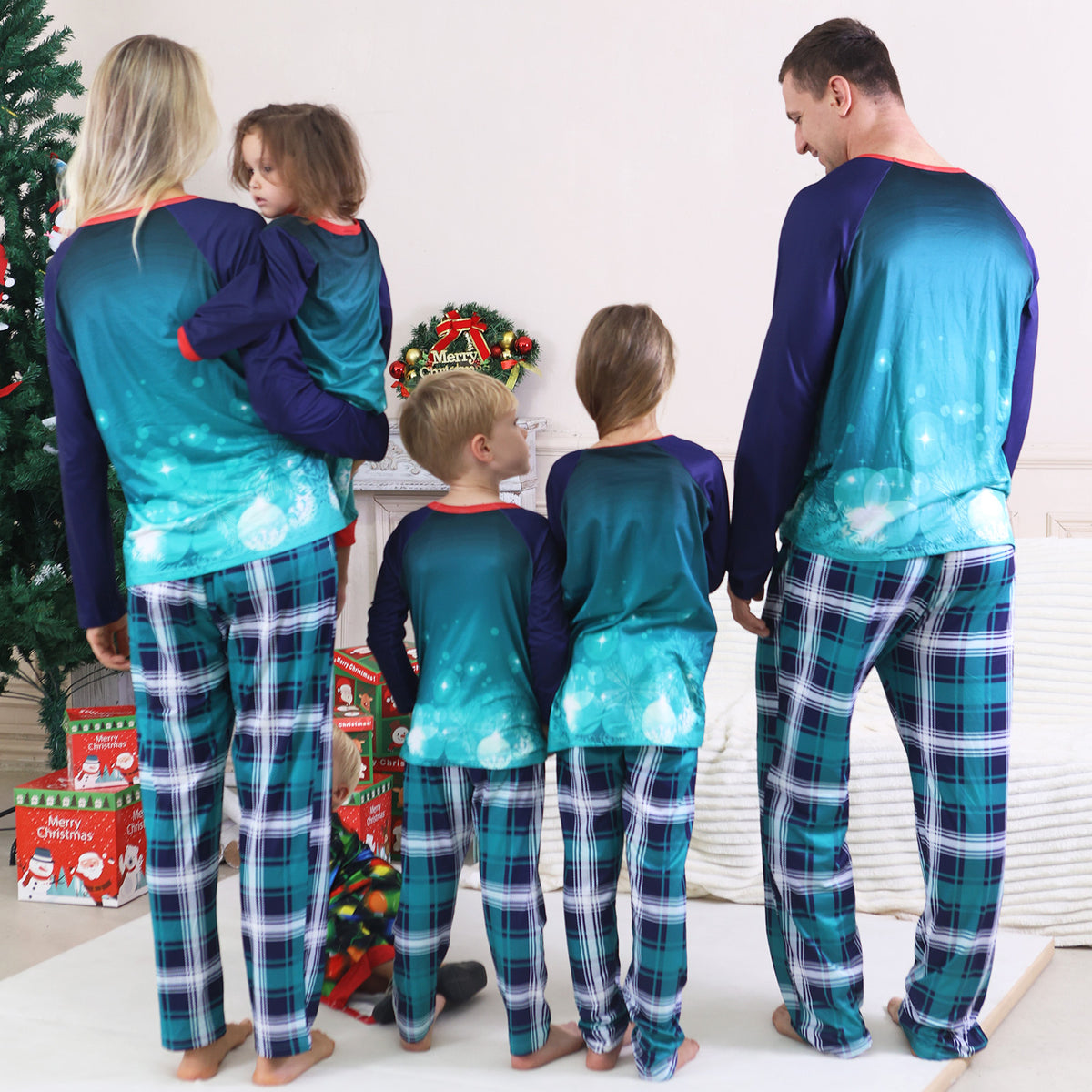 Holiday Matching Pajamas Santa Hat Reindeer Teal Plaid Print Christmas Family Photo Outfits CHP-97