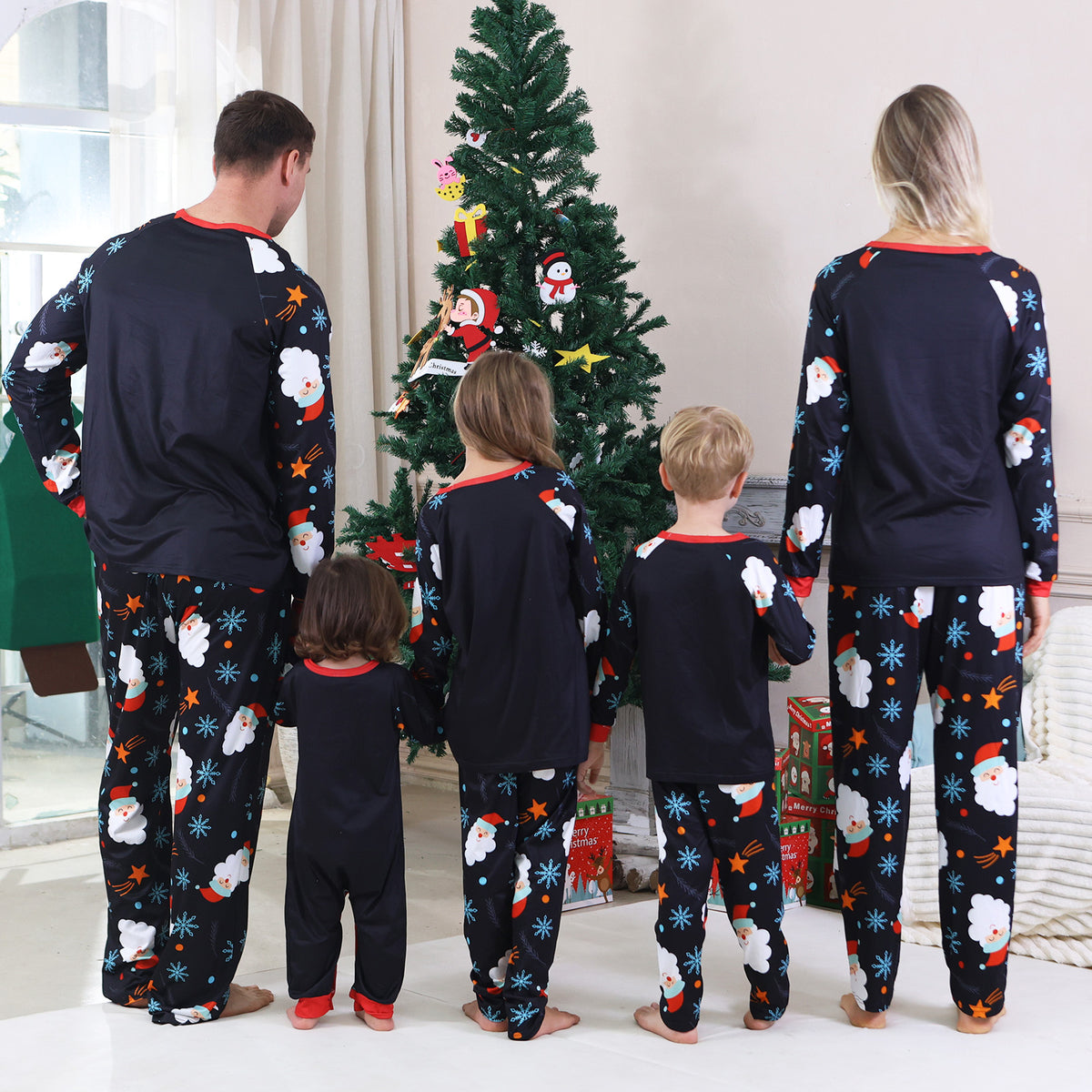 Christmas Pajama Set Navy Santa Snowflake Allover Print Matching Christmas Pajamas for Photos CHP-92