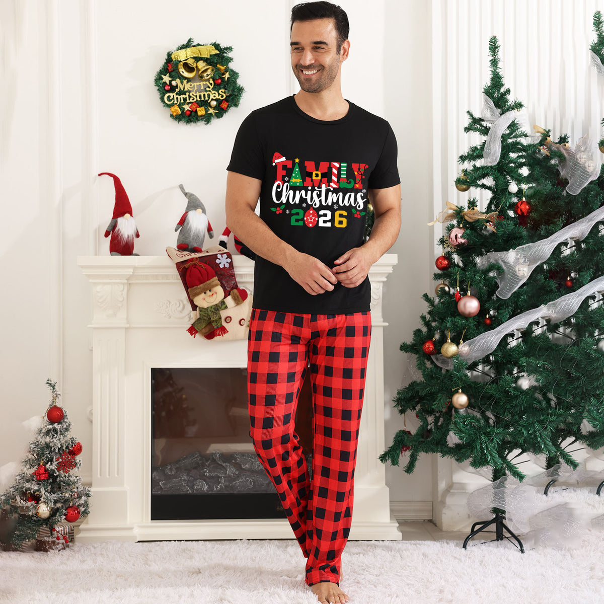 Matching Christmas Pajamas for Photos Santa Hat Festive Lettering Christmas Pajama Set CHP-35