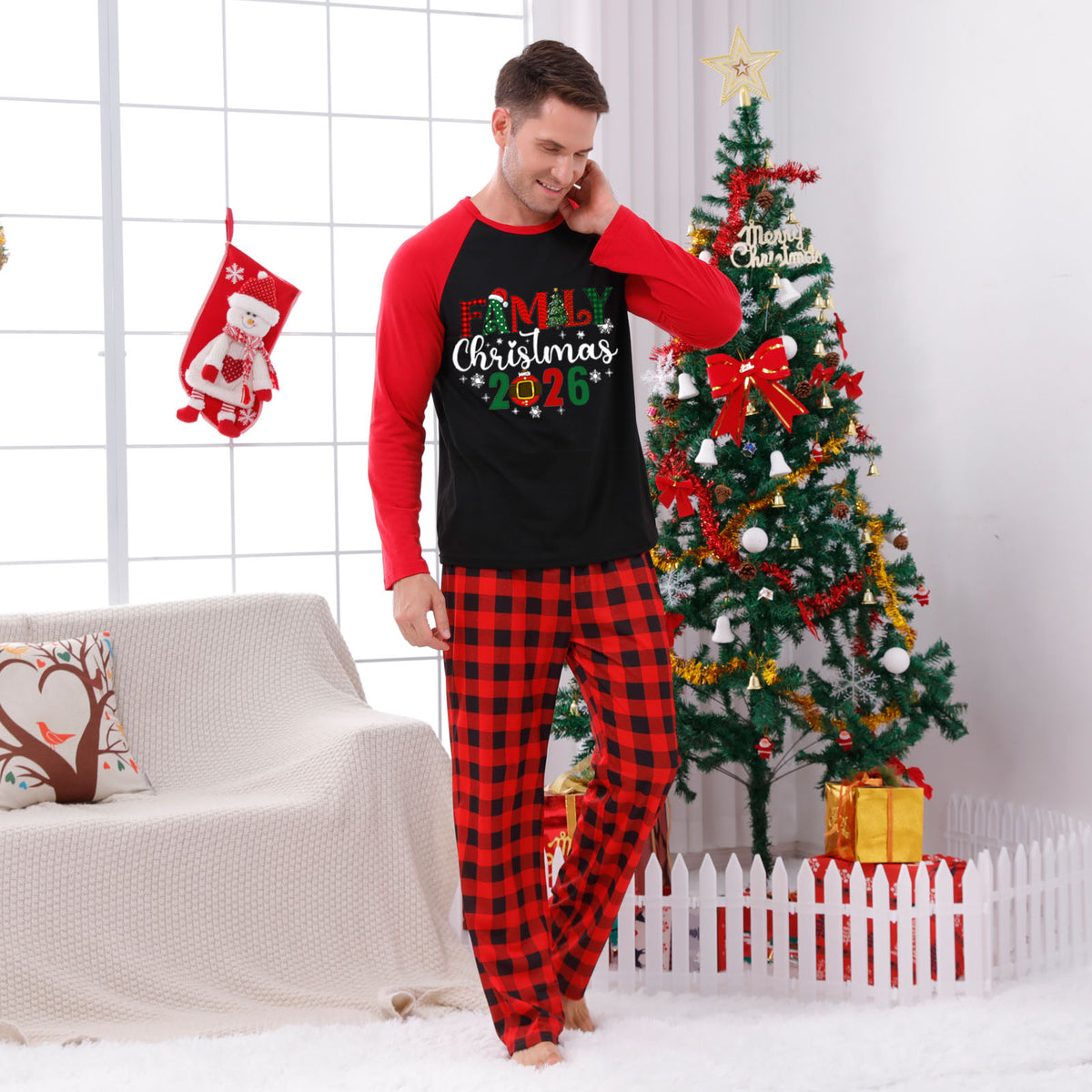 Christmas Pajama Set Snowflake Ornament Typography Red Plaid Christmas Pajamas CHP-44