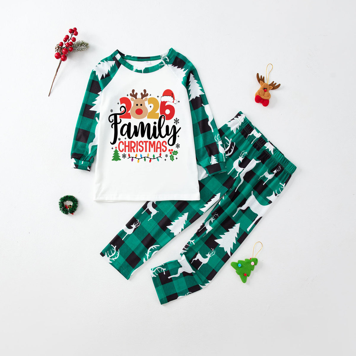 Christmas PJs Green Plaid Reindeer Print Christmas Pajamas CHP-3