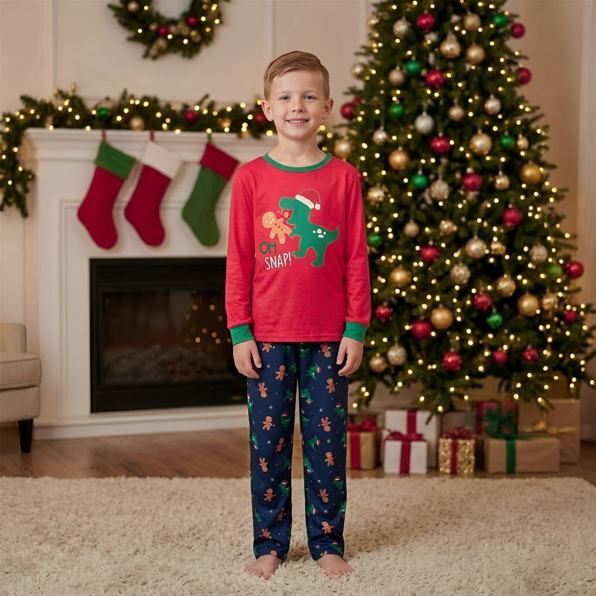 Christmas Photo Session Outfits Gingerbread Dinosaur Print Family Christmas Pajamas CHP-104