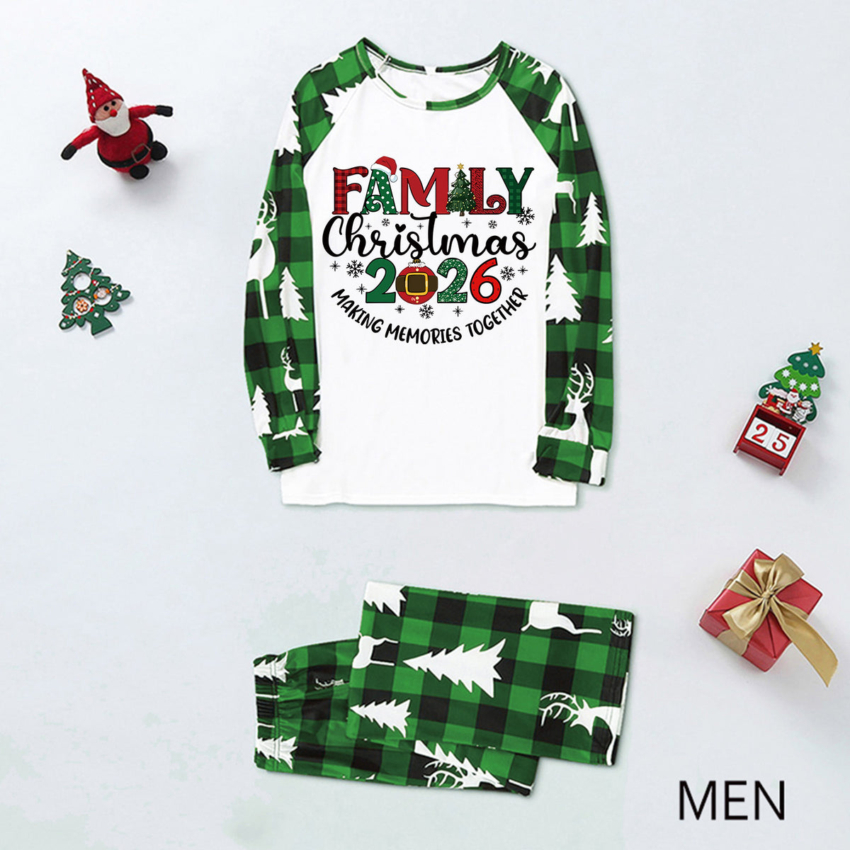 Christmas Pajamas Green Plaid Reindeer Print Christmas Sleepwear CHP-1