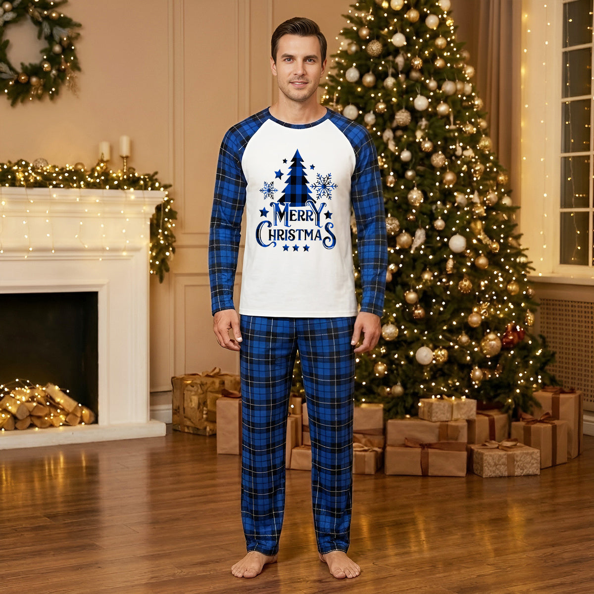 Matching Christmas Pajamas for Photos Blue Plaid Tree Print Christmas Long Sleeve Pajamas CHP-100