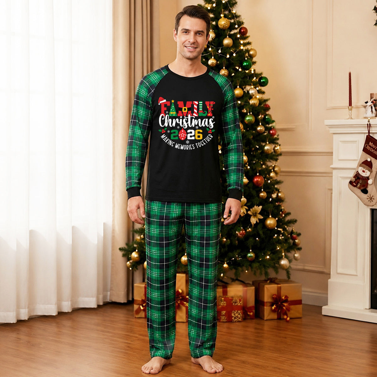 Christmas Thermal Pajamas Festive Letter Print Green Plaid Christmas PJs CHP-16