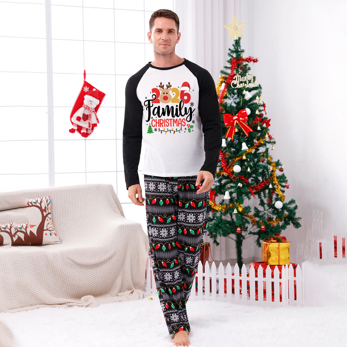 Christmas Pajamas Reindeer 2026 Family Christmas Colorful Lights Print Matching Family Photoshoot Outfit Christmas Sleepwear CHP-117