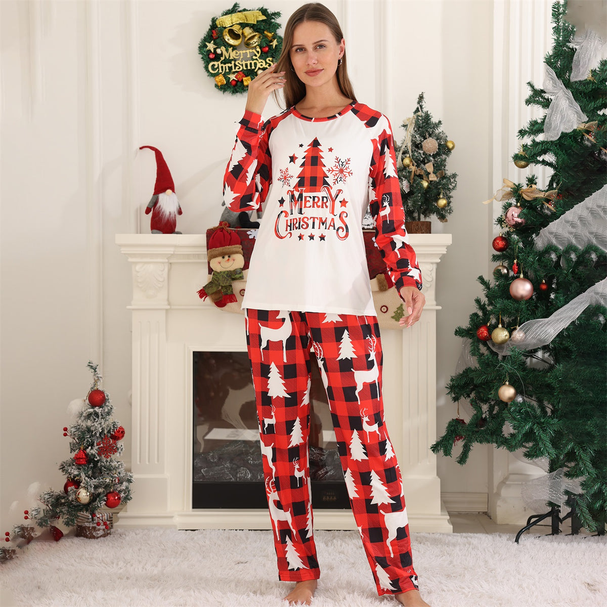 Red Plaid Christmas Pajamas Buffalo Plaid Reindeer Print Christmas Long Sleeve Pajamas CHP-80