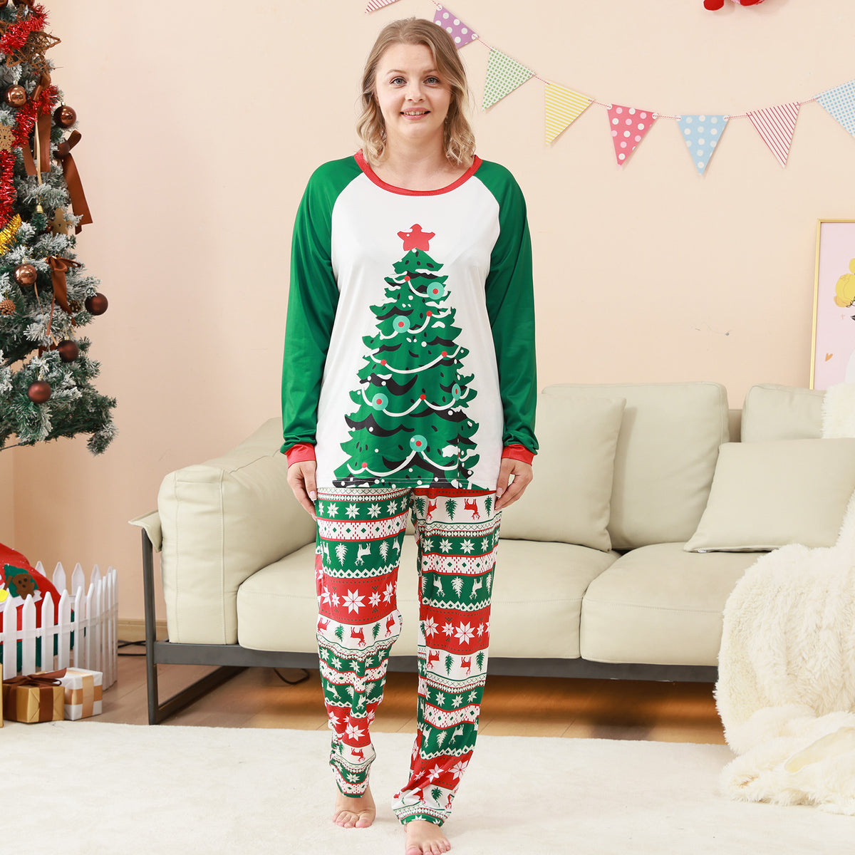 Family Christmas Pajamas Tree Fair Isle Print Matching Christmas Pajamas for Photos CHP-84