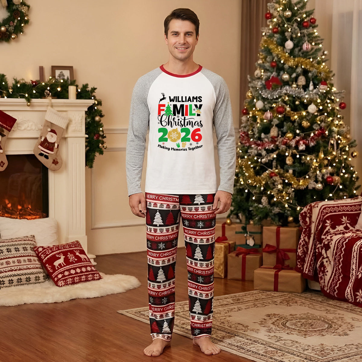 Fair Isle Christmas Pajamas Family Name Typography Christmas Photo Session Outfits CHP-60