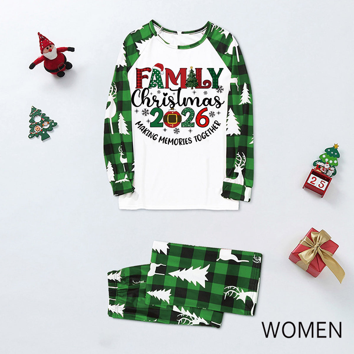 Christmas Pajamas Green Plaid Reindeer Print Christmas Sleepwear CHP-1