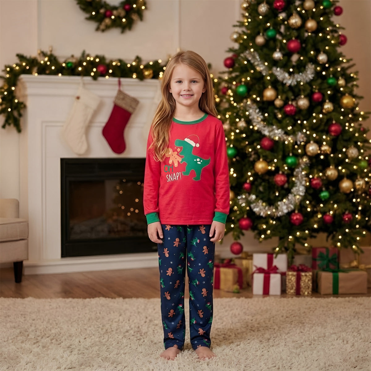 Christmas Photo Session Outfits Gingerbread Dinosaur Print Family Christmas Pajamas CHP-104
