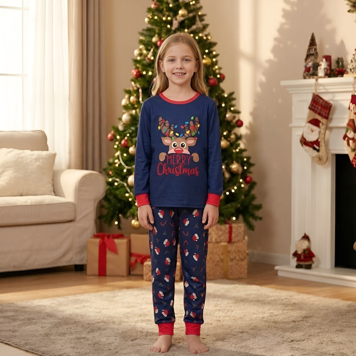 Matching Christmas Pajamas for Photos Merry Reindeer Santa Print Family Christmas Pajamas CHP-105
