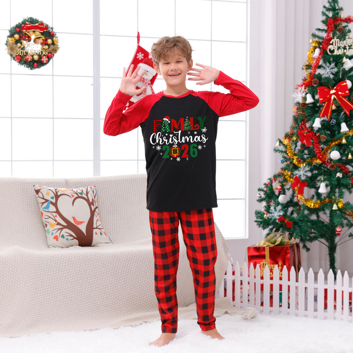 Christmas Pajama Set Snowflake Ornament Typography Red Plaid Christmas Pajamas CHP-44