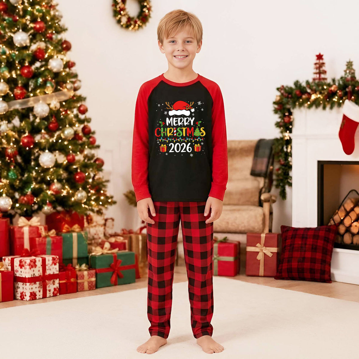 Christmas Pajamas Santa Hat Colorful Lettering Christmas Long Sleeve Pajamas CHP-51