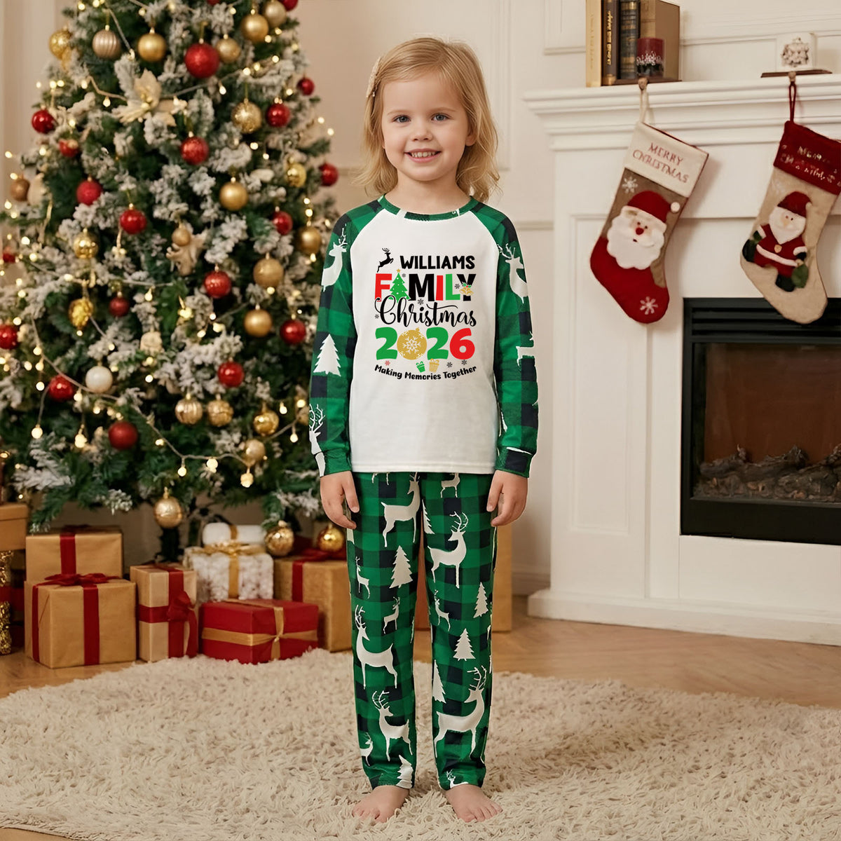 Matching Christmas Pajamas Green Reindeer Print Christmas Plaid Pajamas CHP-6