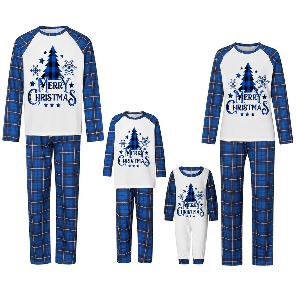 Matching Christmas Pajamas for Photos Blue Plaid Tree Print Christmas Long Sleeve Pajamas CHP-100