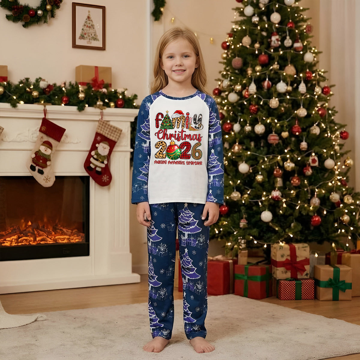 Christmas Pajamas Family Christmas 2026 Leopard Plaid Letter Ornament Print Matching Family Sleepwear CHP-144