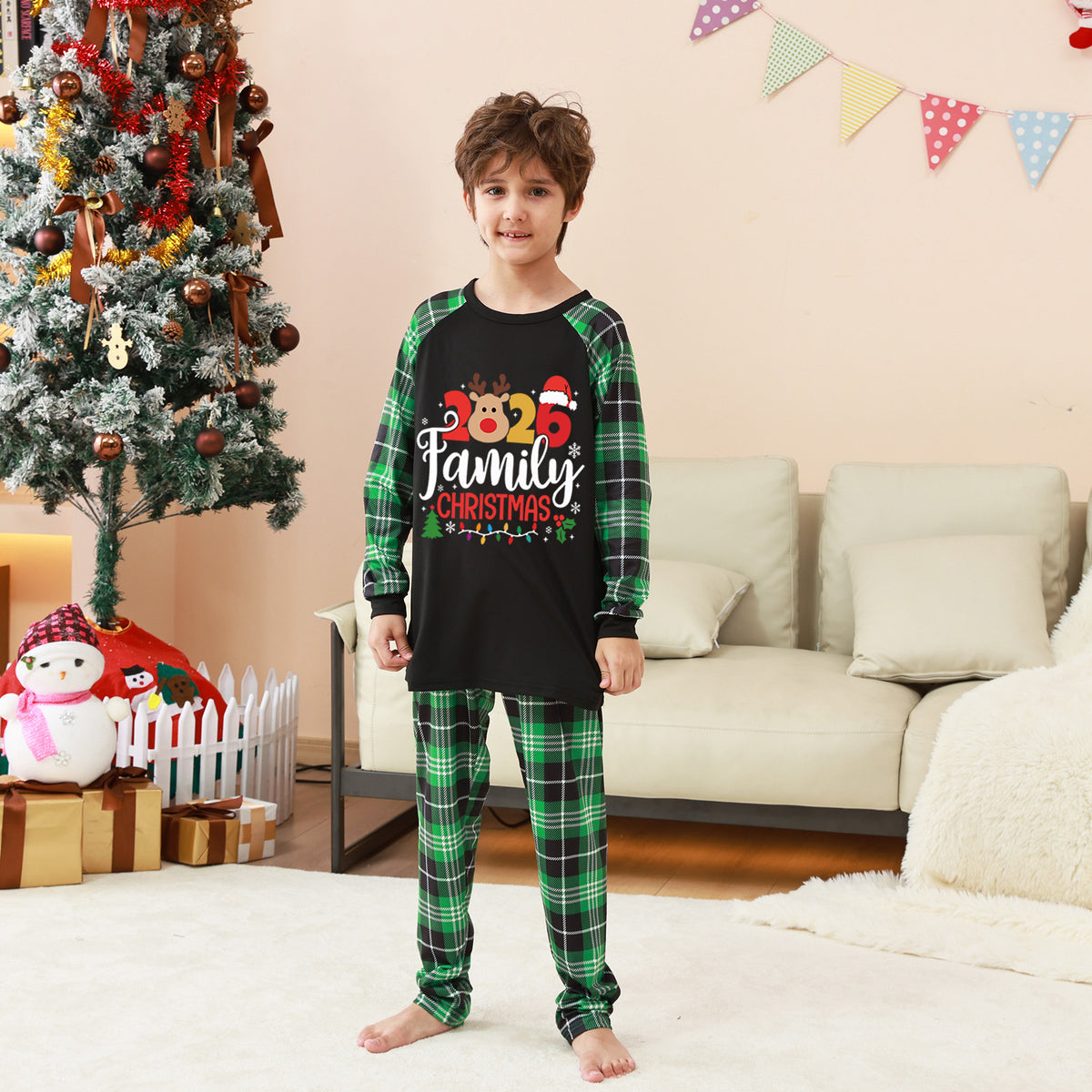 Christmas Long Sleeve Pajamas Print Green Plaid Reindeer Christmas Pajamas CHP-14