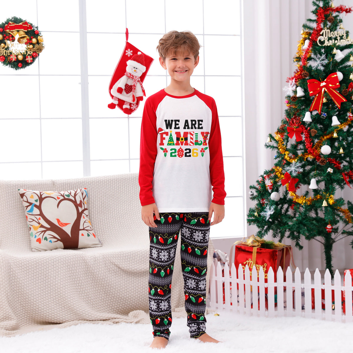 Christmas Pajamas We Are Family 2026 Festive Lettering Santa Hat Matching Family Sleepwear CHP-132
