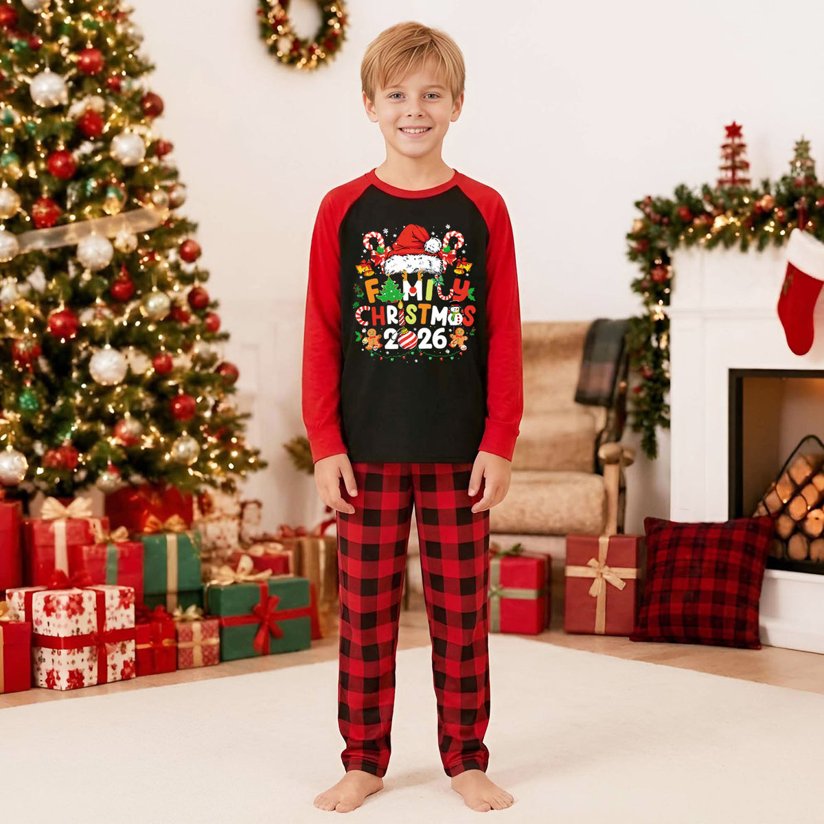 Candy Cane Christmas Pajamas Santa Hat Festive Graphic Christmas Lounge Set CHP-50