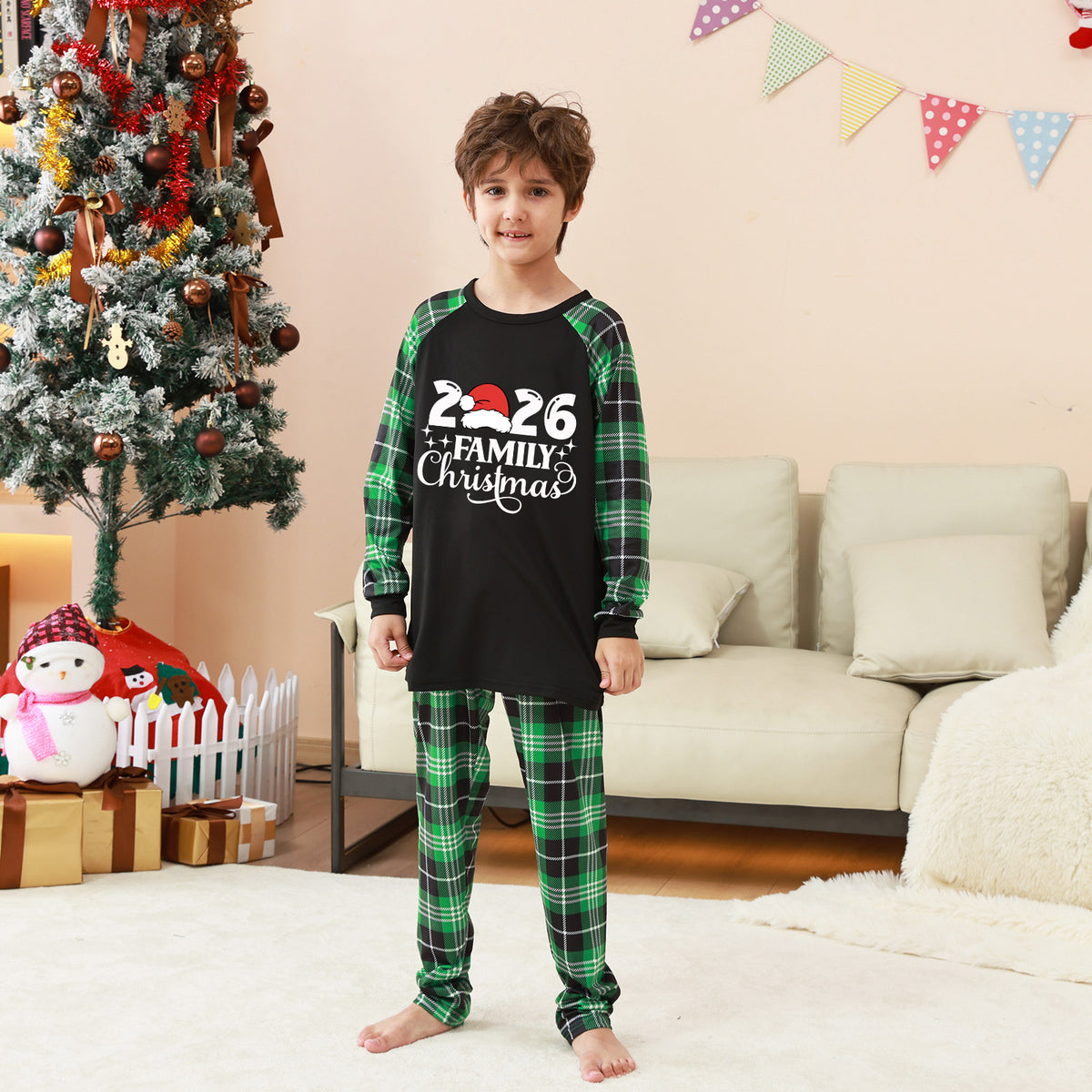 Xmas Pajamas Santa Hat Green Plaid Set Christmas Lounge Set CHP-13