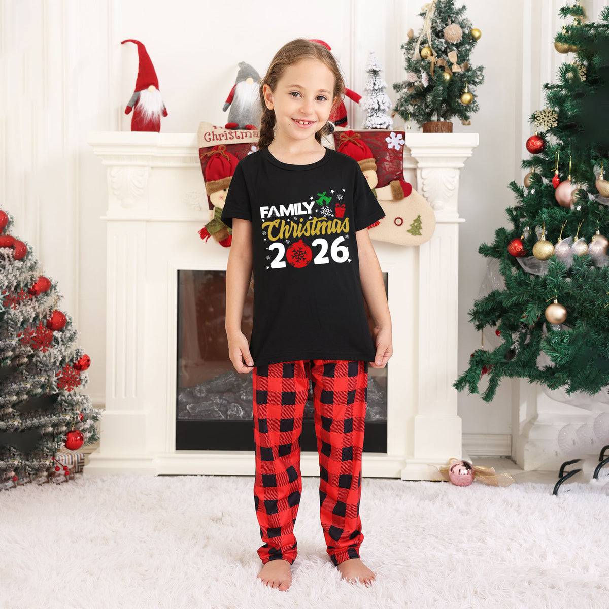 Christmas Card Photo Outfits Red Ornament Typography Christmas Morning Pajamas CHP-33