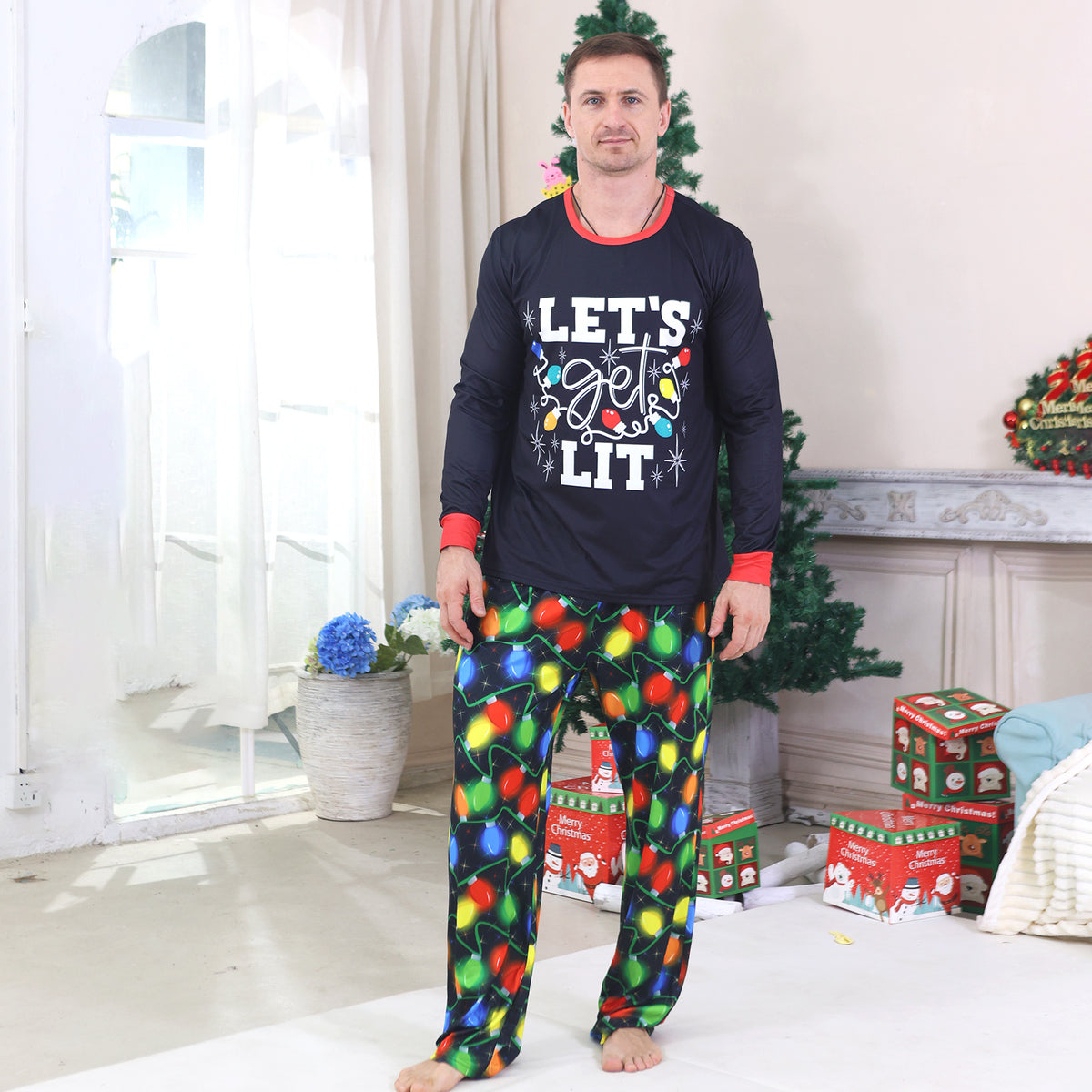 Matching Christmas Pajamas for Photos Colorful Light Bulb Print Christmas Pajama Photoshoot CHP-95
