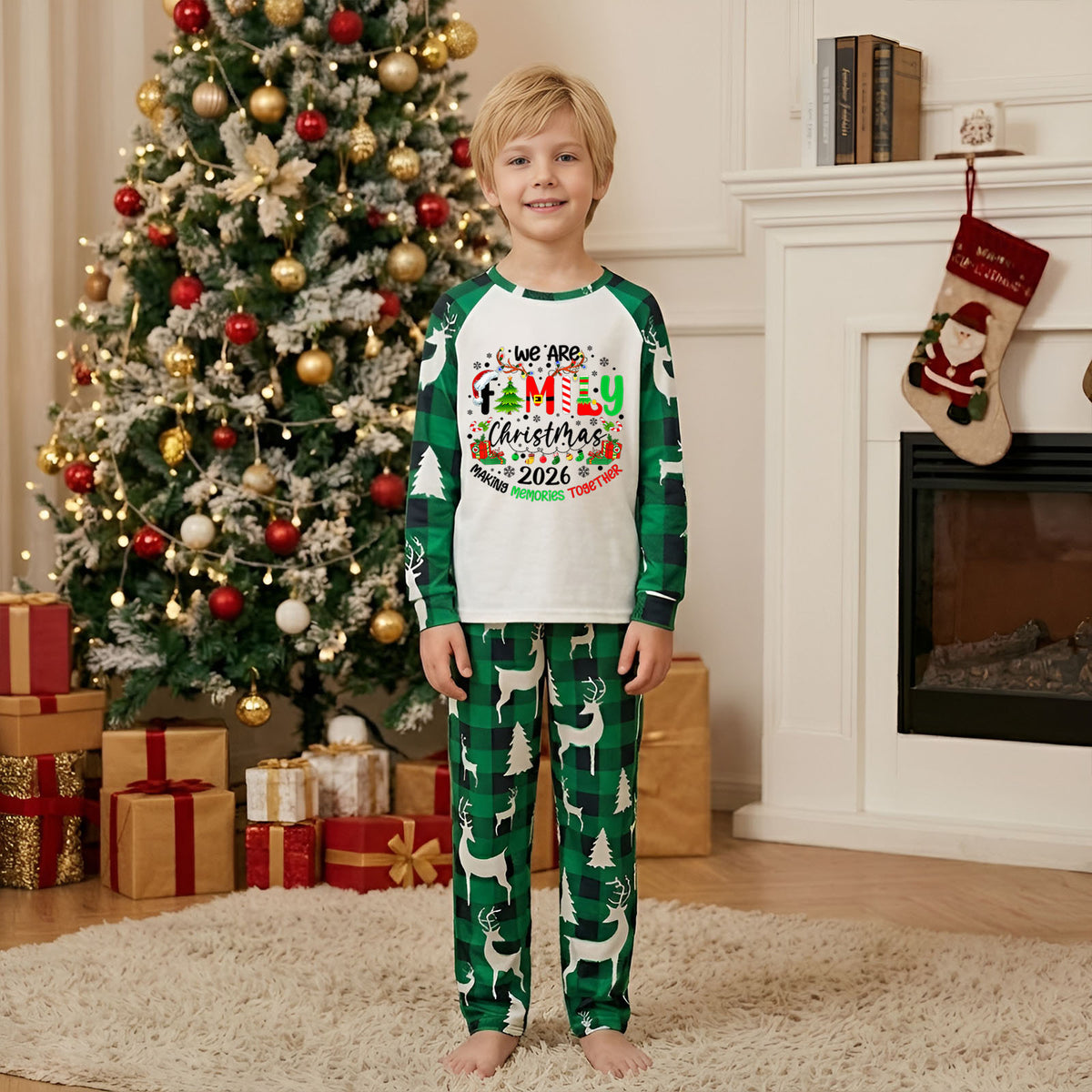 Matching Christmas PJs Green Plaid Reindeer Print Cute Christmas Pajamas CHP-9