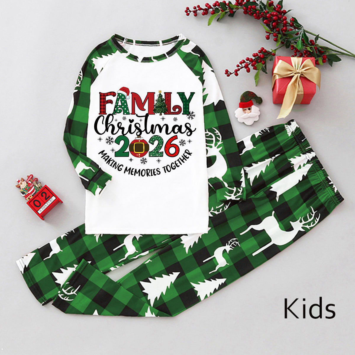 Christmas Pajamas Green Plaid Reindeer Print Christmas Sleepwear CHP-1