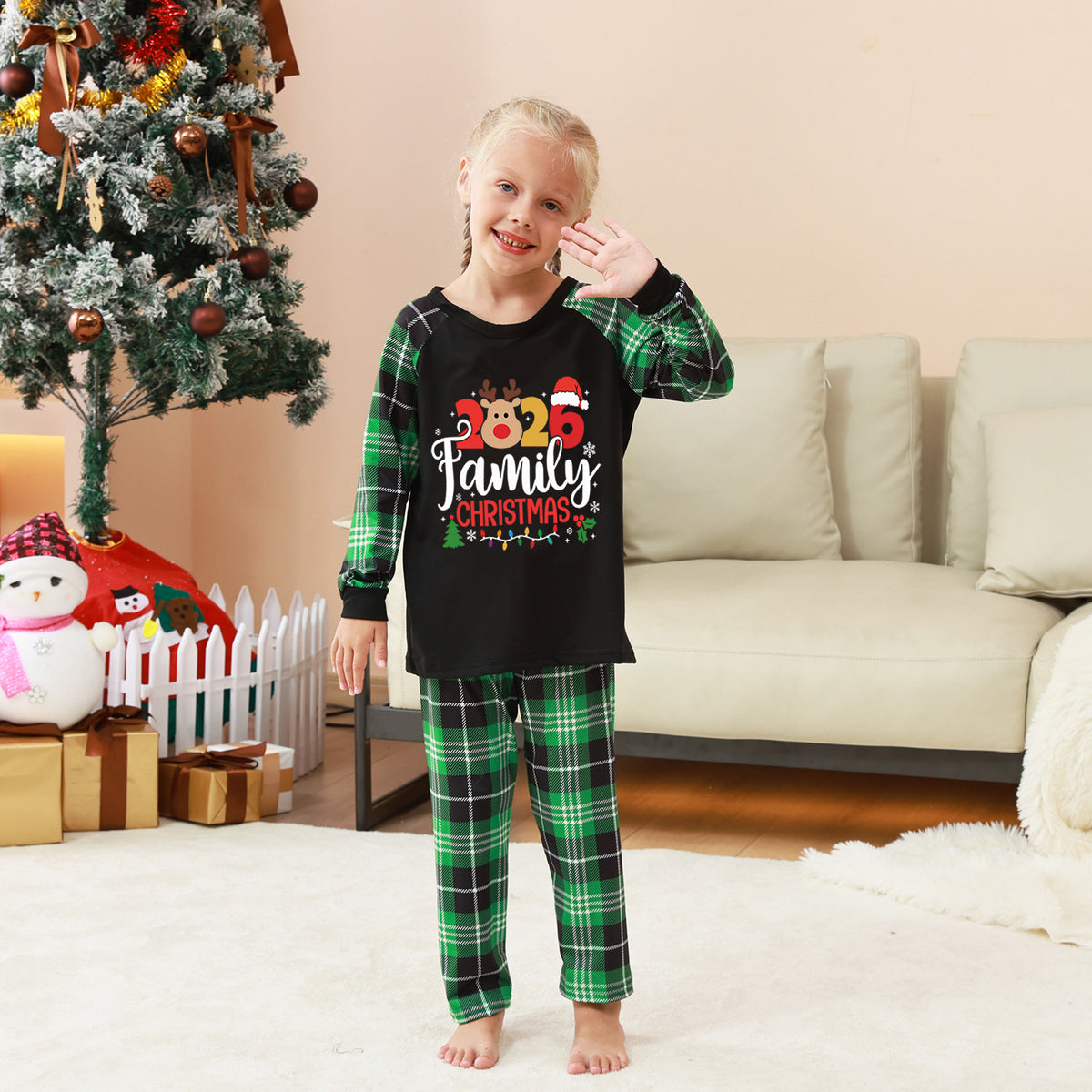 Christmas Long Sleeve Pajamas Print Green Plaid Reindeer Christmas Pajamas CHP-14