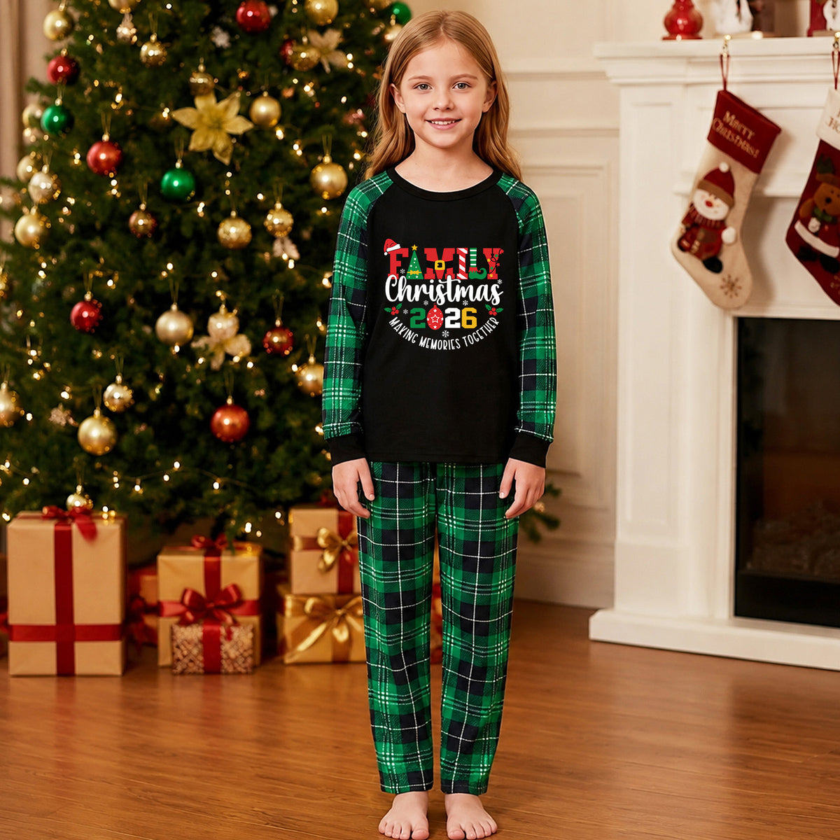 Christmas Thermal Pajamas Festive Letter Print Green Plaid Christmas PJs CHP-16